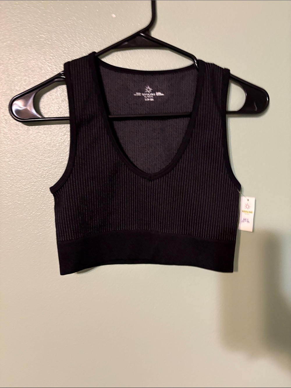 aerie OFFLINE Ribbed V-Neck Crop Tank - Black Heather